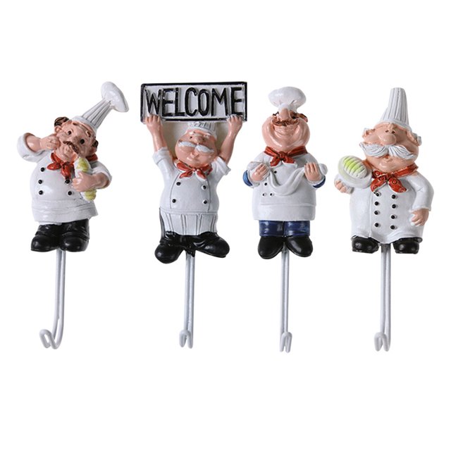 4 Pcs Hook Resin Cartoon Chief Stainless Steel Hanging Rack Wall Mounted Adhesive Door Accessories Kitchen Bathroom Hanger
