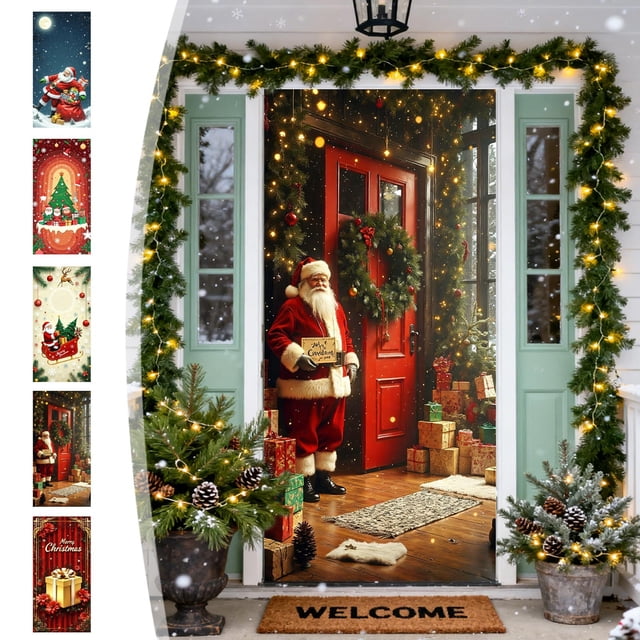 Cortina Navideña para Puerta con Diseño de Papá Noel, 89 X 183 Cm (35 X 72 Pulgadas), Ideal para Decoración de Paredes y Fiestas. Tela de Poliéster Resistente. Fácil Instalación. Apta para Puertas Es
