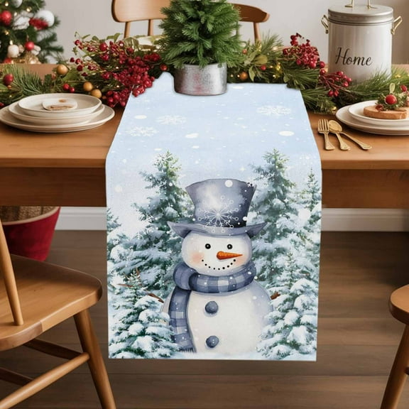 Christmas Blue Snowman Cotton Linen Table Runner Winter Snow Scene Pine Tree Forest Bird Dining Table Runners for Home Decor Party Dining Room Restaurant Kitchen Party 13" x 108"