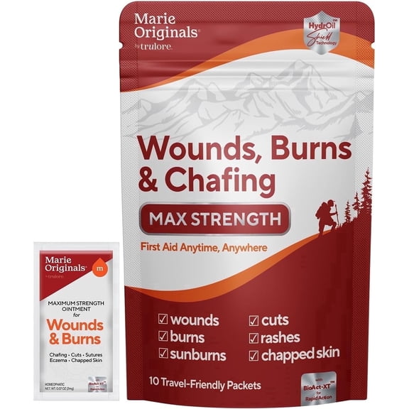 Marie Originals Wounds, Burns & Chafing Cream 10 Packets, Fast-Acting Anti Chafe Relief, Natural Botanicals, Soothes Dry Cracked Skin, On-The-Go First Aid