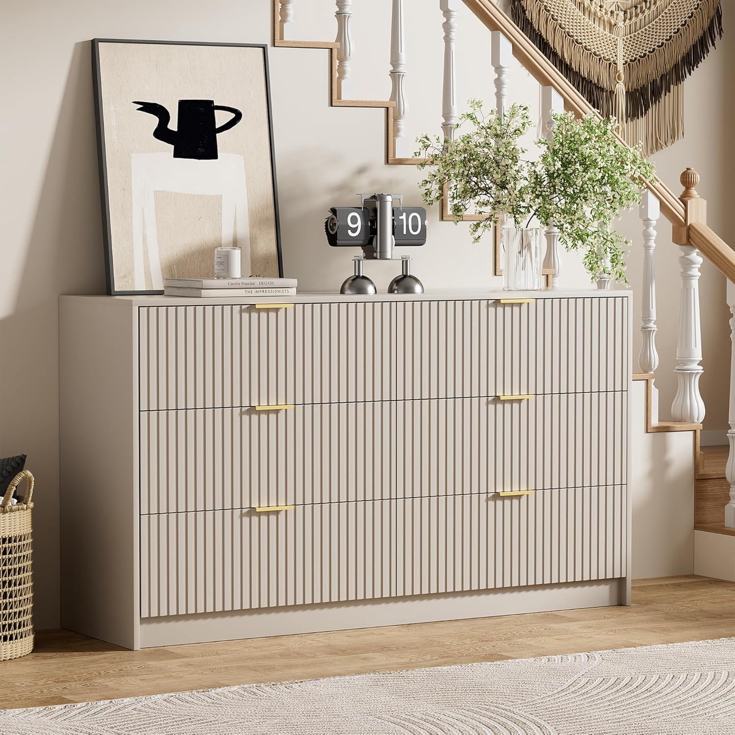 FURNIWAY Beige 6 Drawer Dresser for Bedroom, 55 Inch Wide Modern Chest of Drawers with Fluted Wood Front and Gold Metal Handles for Living Room Hallway