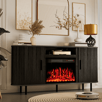 Flictozena 65’’ Modern Fluted TV Stand for TVs Up to 75’’ with 23’’ Electric Fireplace - Wooden Entertainment Center, Curved Design, Sliding Doors & Storage Shelf, Natural Oak