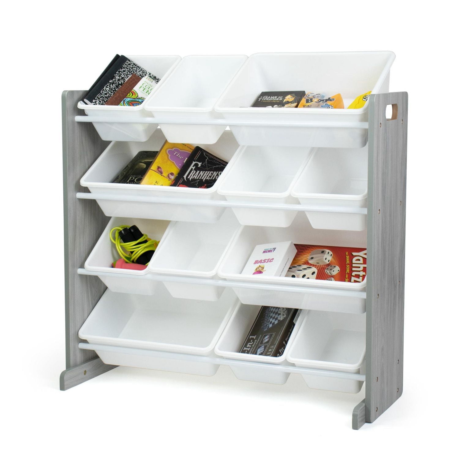 Rangement jouets, 12 bacs en plastique, bois gris