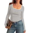 thumbnail image 3 of Women'S Long Sleeve Basic Tops Square Neck Ribbed Knit Color Block Shirts Fitted Light Gray XXL, 3 of 9