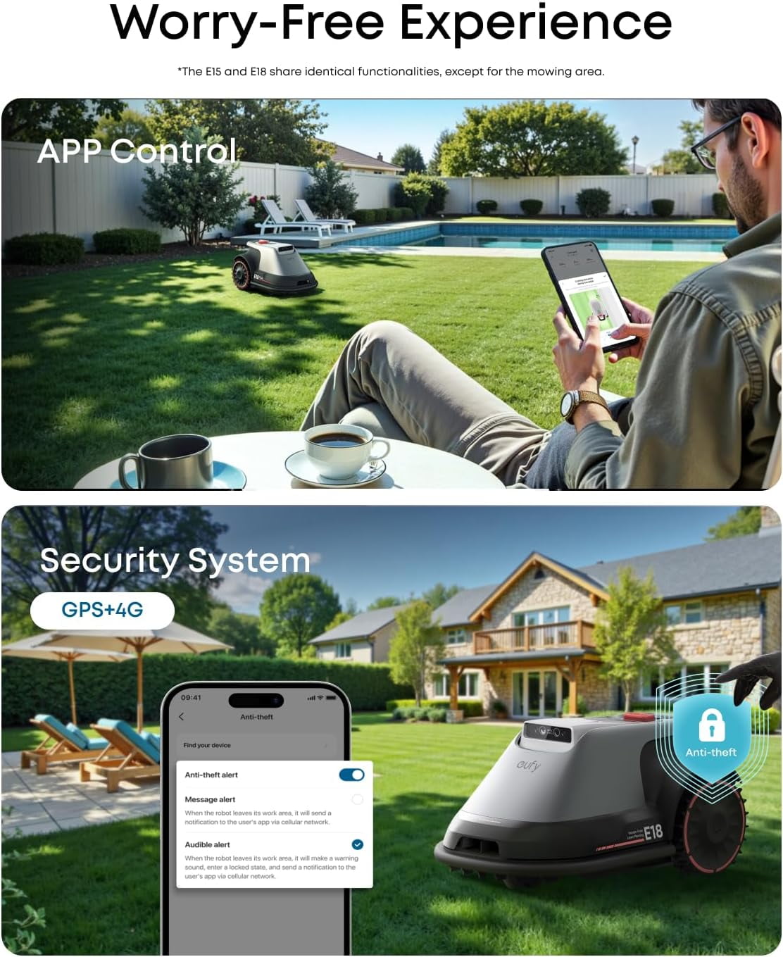 eufy Robot Lawn Mower E15, Auto Mapping,Pure Vision Navigation, Wire Free RTK Free, Multi-Zone Management, AI 3D Obstacle Avoidance, GPS Anti-Theft, 0.2 Acres, 18° Slope, App Control