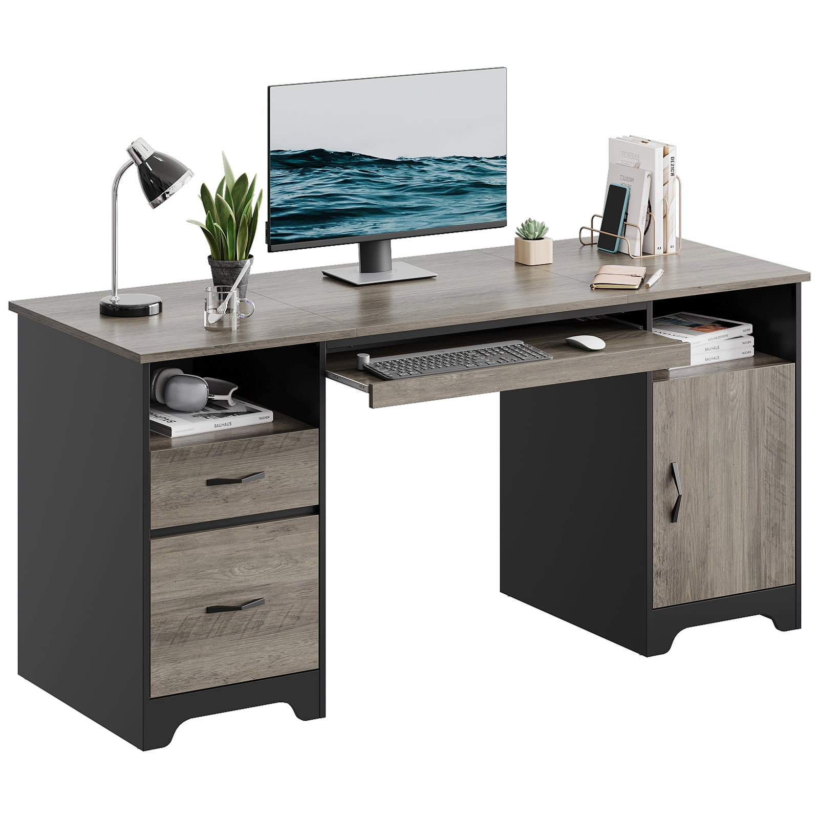 Bestier 59” Computer Desk with Drawers, Executive Desk with Storage Cabinet, Keyboard Tray for Home Office, Gray