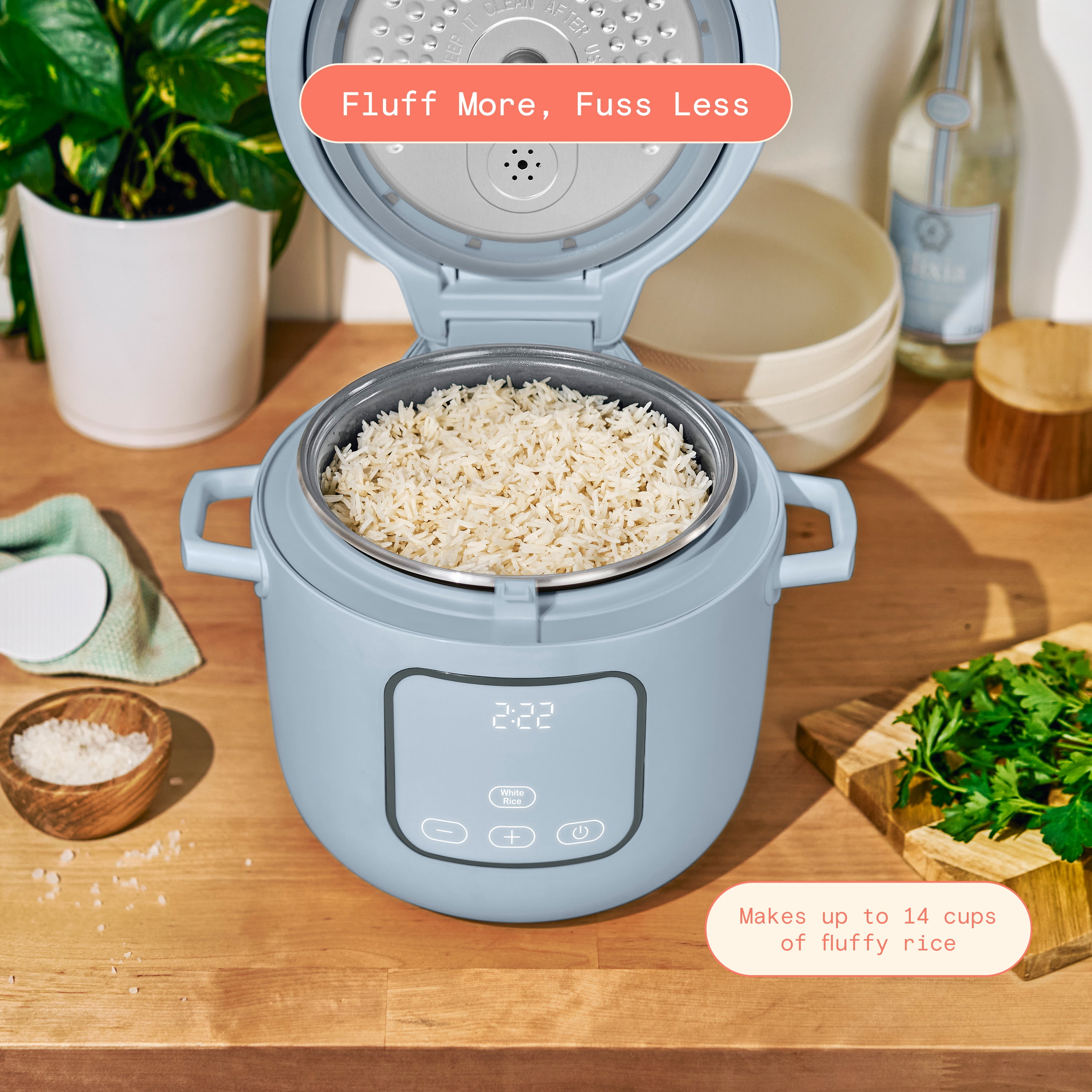 Beautiful 14-Cup Cooked, 6-Cups Uncooked Electric Rice and Grain Cooker, EverGood™ Ceramic Nonstick Coating, Cornflower Blue by Drew Barrymore