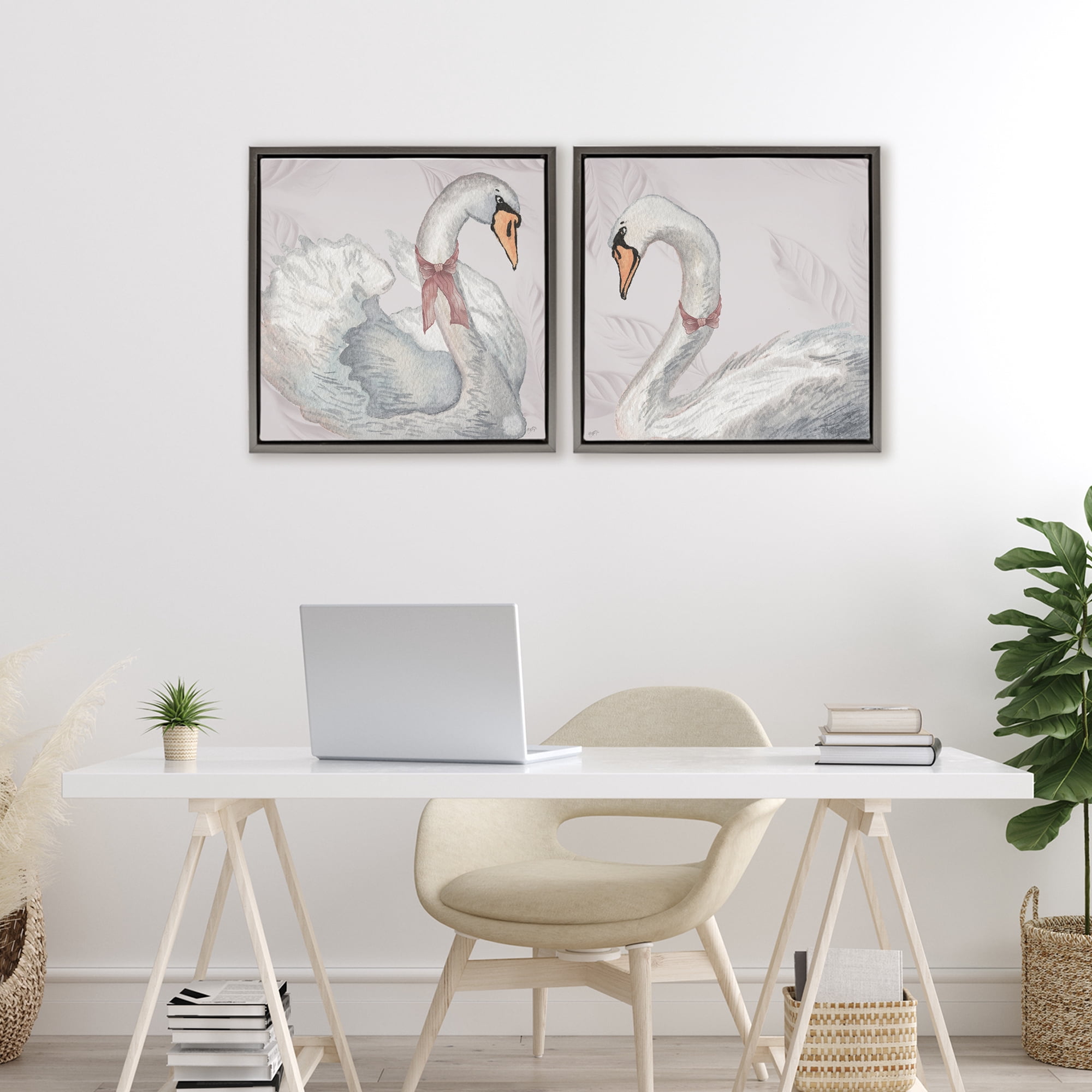 Stupell Industries Classic & Elegant Swans 2 Piece Gray Framed Floater Canvas Set, design by Elizabeth Medley