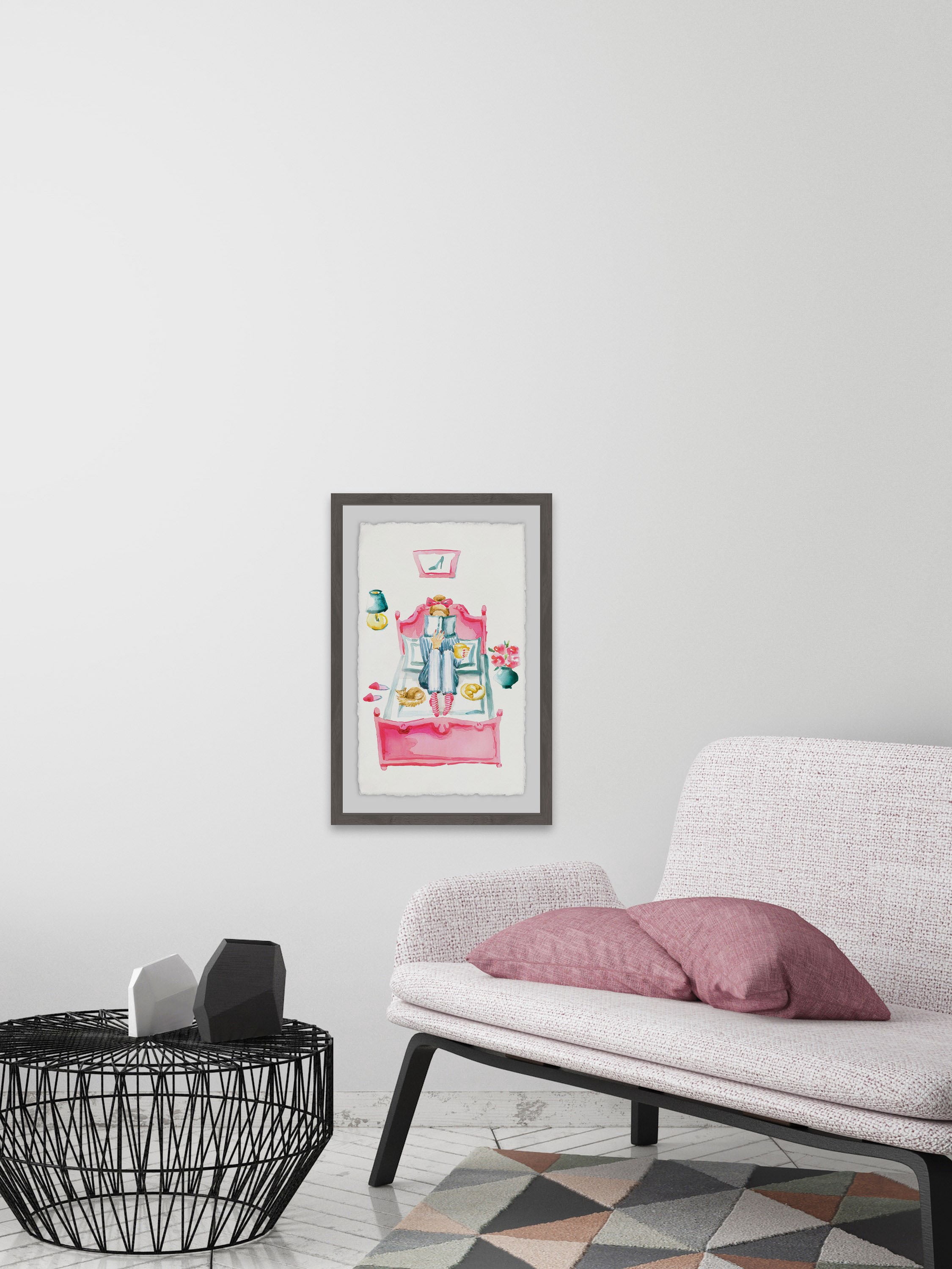 Pink Bed Reading Framed Painting Print