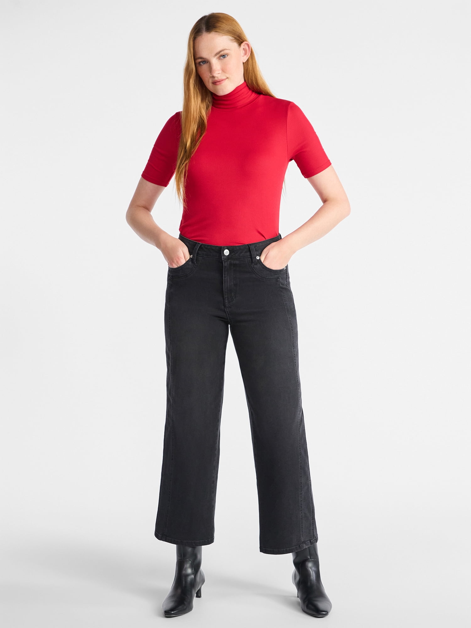Time and Tru Women's Rib Turtleneck Top with Short Sleeves, Sizes XS-XXXL