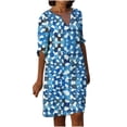 thumbnail image 2 of Meichang Linen Dresses for Women Notch V Neck Short Sleeve Knee Length Dresses Casual Print Loose Summer Midi Dresses Lightweight Comfy Work Dresses Blue L, 2 of 6