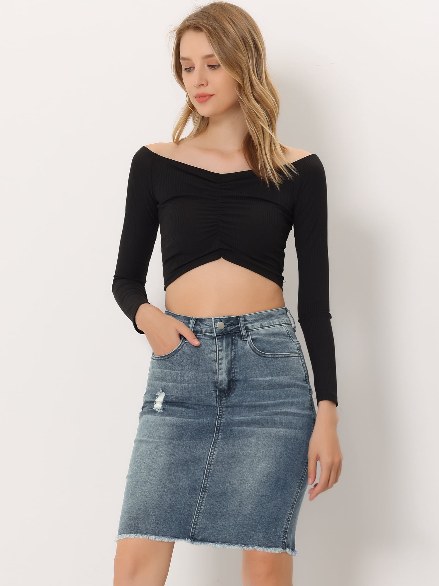 DARING DIVA Women's Ripped Hem Washed Jeans Denim Skirt XL Blue Grey