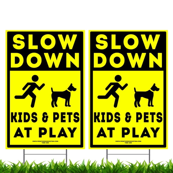 2-Pack 12"x18" Slow Down Kids & Pets at Play Neighborhood Caution Yard Signs w/Metal Stakes