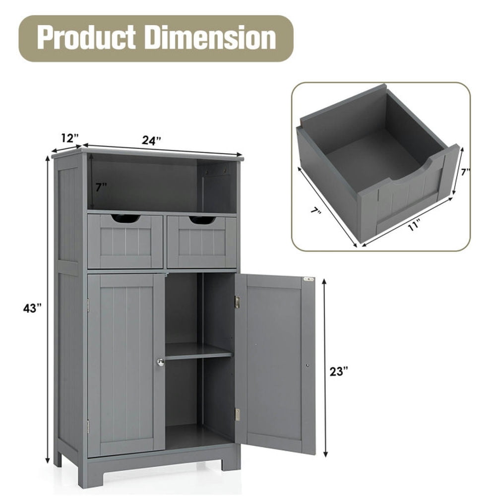 Finihen Storage Cabinet, Bathroom Floor Cabinet, Bathroom Wooden Side Cabinet with 2 Drawers and 2 Doors, for Bathroom, Living Room, Bedroom, Kitchen, Gray