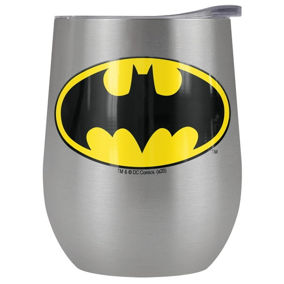 Batman - Logo Official Batman Classic Logo 12 OZ Stemless Wine Tumbler, Stainless Steel Travel Cup|Lake Tumbler|Insulated with Leak Resistant Slide-Lock Lid, Stainless Steel