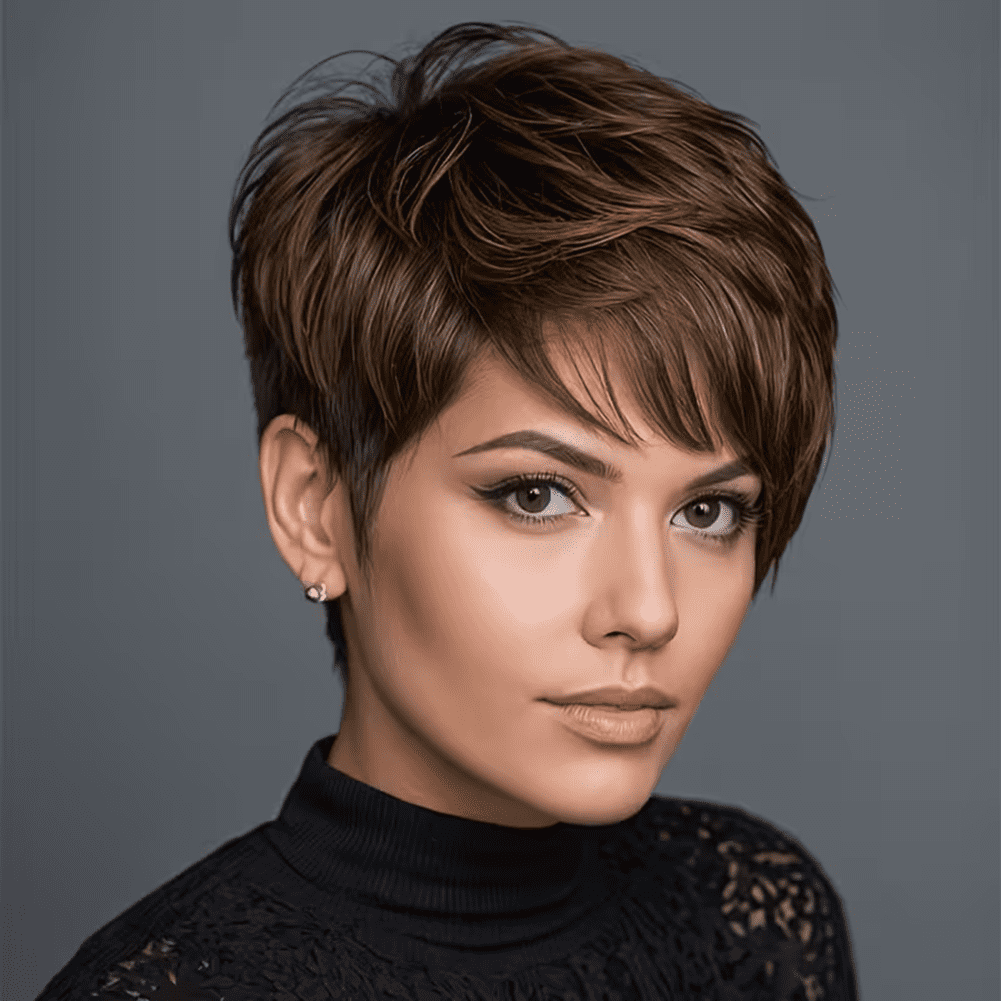 Brown Short Layered Pixie Cut Human Hair Wigs Rose Net Cap Pixie Cut Wigs With Bangs Glueless Full Machine Made Brazilian Virgin Straight Human Hair