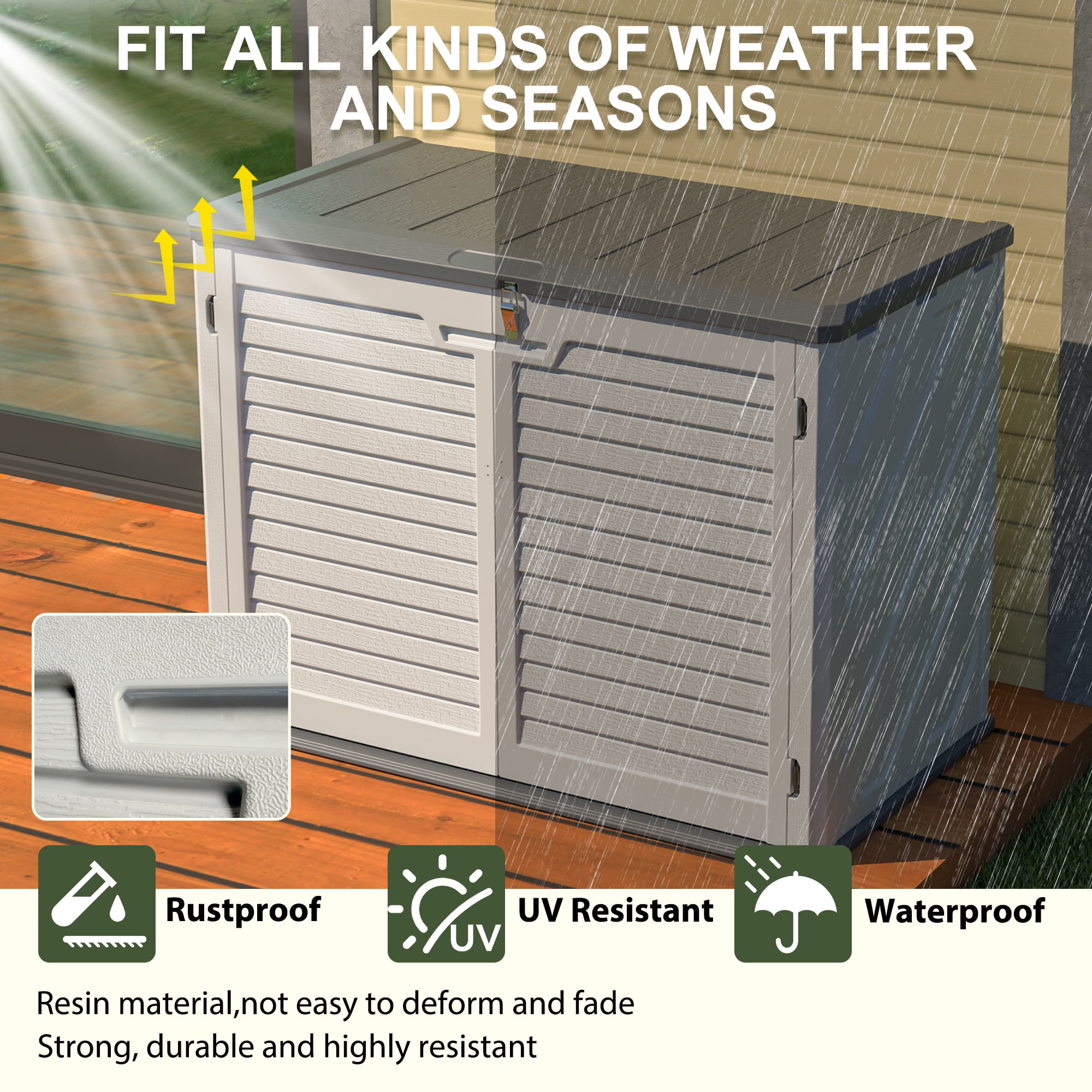 190GAl HDPE Outdoor Storage Cabinet, Seizeen Storage Shed Lockable with 3 Doors, 25.34 cu.ft Plastic Deck Box Pool Patio Garden Backyard Storage, Locking Latch, White
