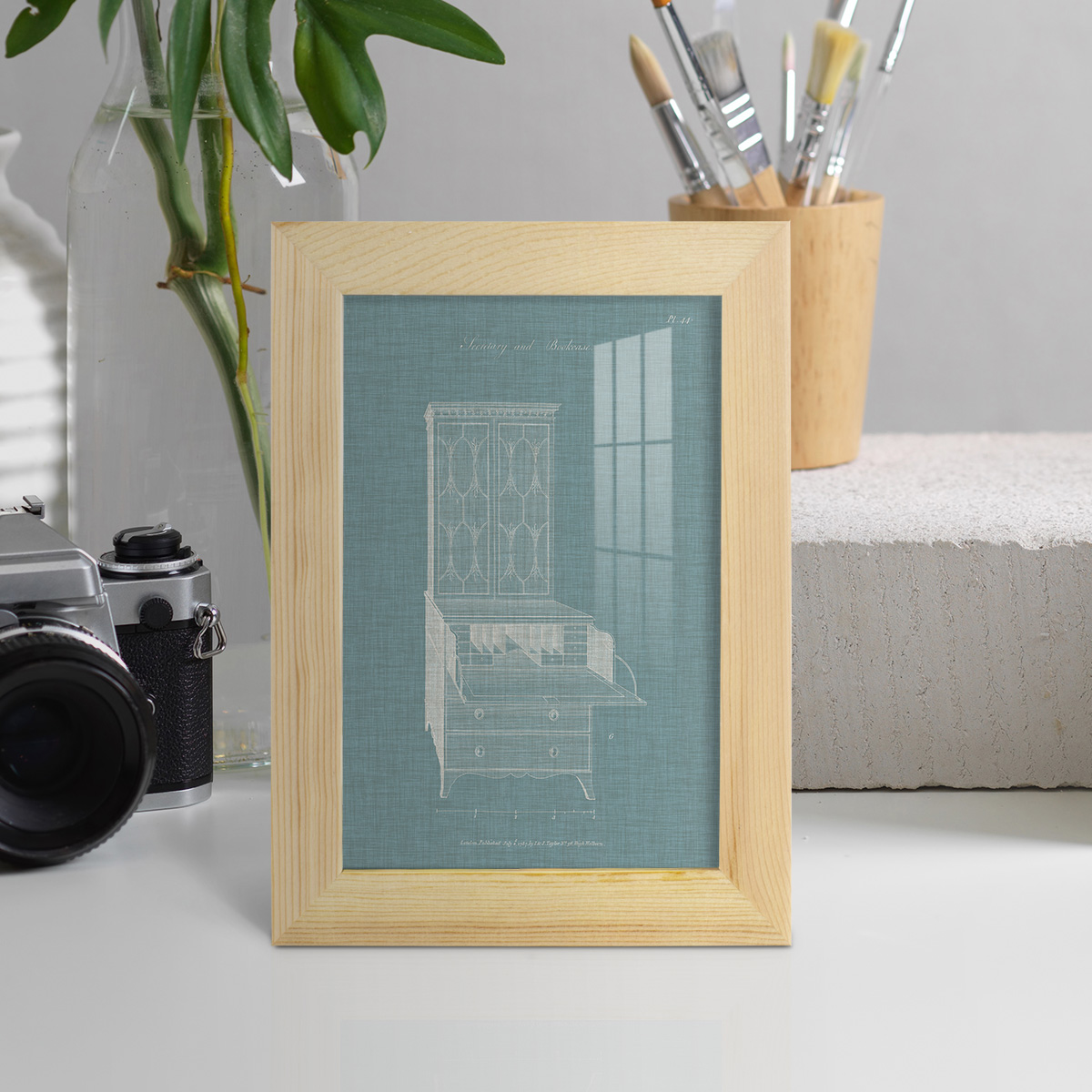 Hepplewhite Desk & Bookcase I - Framed Print w/glass - Natural Wood