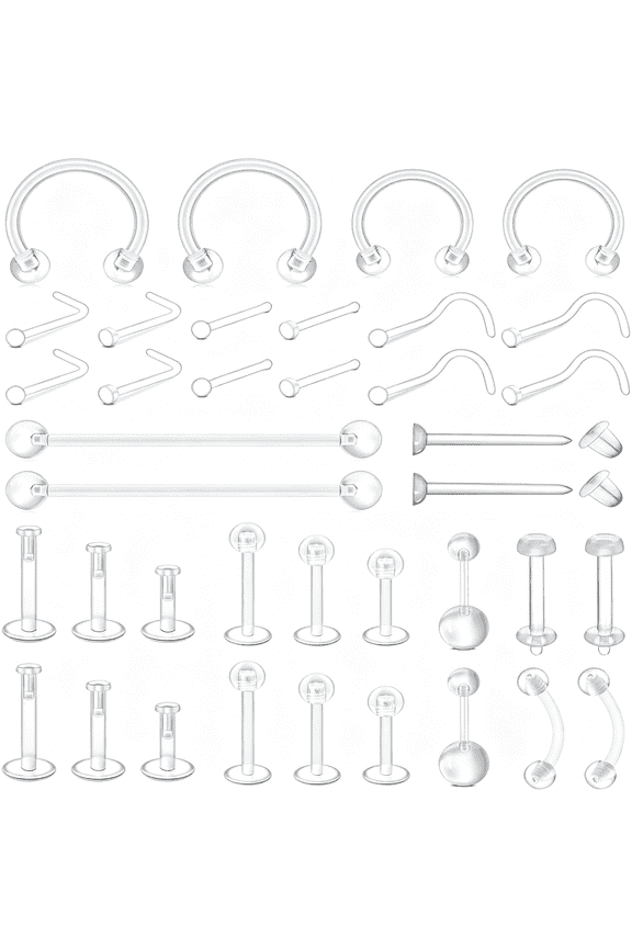 38Pcs Clear Piercing Retainers for Surgery Bioflex Nose Rings Belly Rings Septum Eyebrow Lip Cartilage Tragus Earring Retainer Industrial Bar Plastic Piercing Jewelry for Work