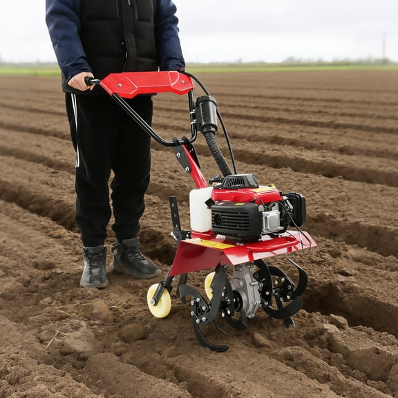 Gas Tiller 63cc 4-Stroke Cultivator, 13.78 Inch Front Tine Tiller for Garden Soil, Heavy Duty Gas Powered Rototiller with Adjustable Depth for Weeding