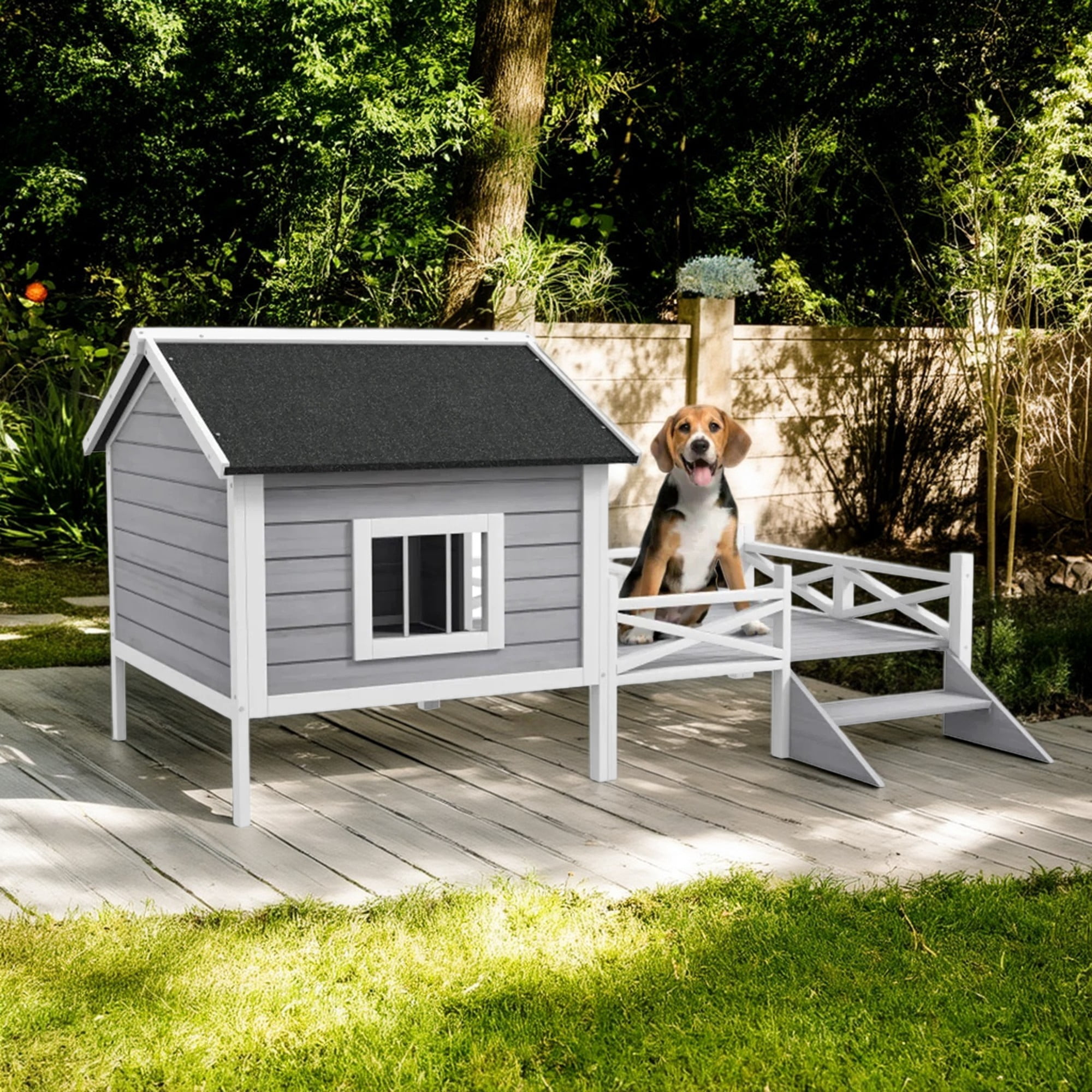 Pefilos 66" Large Wood Dog House with Porch for Small/Medium Dogs, Pet Shelter Pet Bunny House Outdoor Cat House, Gray