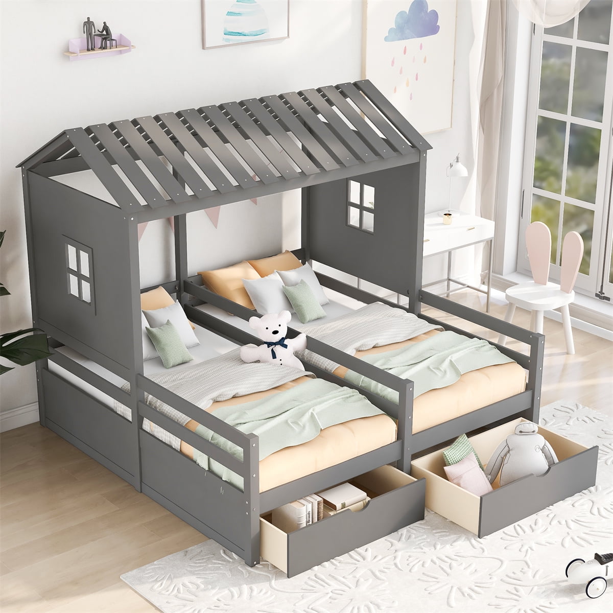 Twin Size House Shaped Platform Bed with Roof and Two Storage Drawers