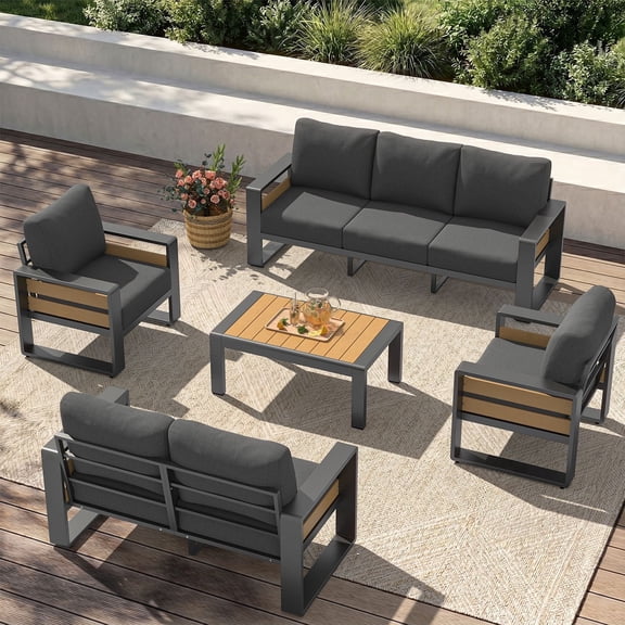 Clouddwell 7-Seats Aluminum Patio Furniture Set, Outdoor Metal Sofa Conversation Set with Coffee Table for Pool Garden Porch Backyard, Dark Gray