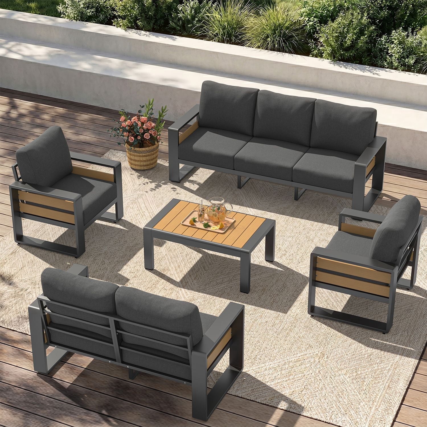 Clouddwell 7-Seats Aluminum Patio Furniture Set, Outdoor Metal Sofa Conversation Set with Coffee Table for Pool Garden Porch Backyard, Dark Gray