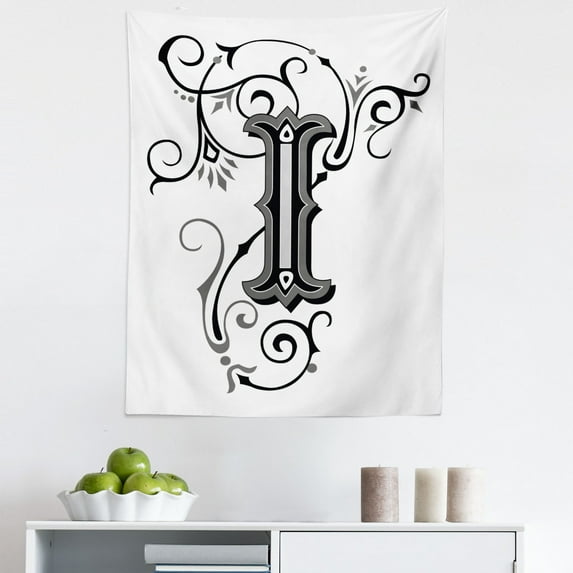 Letter I Tapestry, Capital with Grand Illustrious Design Abstract Elements Shapes Swirls Lines, Fabric Wall Hanging Decor for Bedroom Living Room Dorm, 5 Sizes, Black Grey White, by Ambesonne