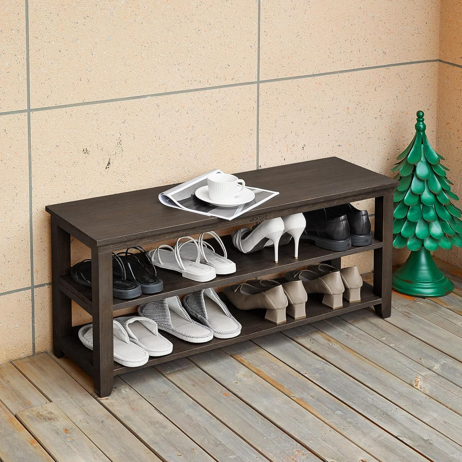 GUAIPOU Small Shoe Rack Bench, 2Tier Wood Heavy Duty Shoe Organizer