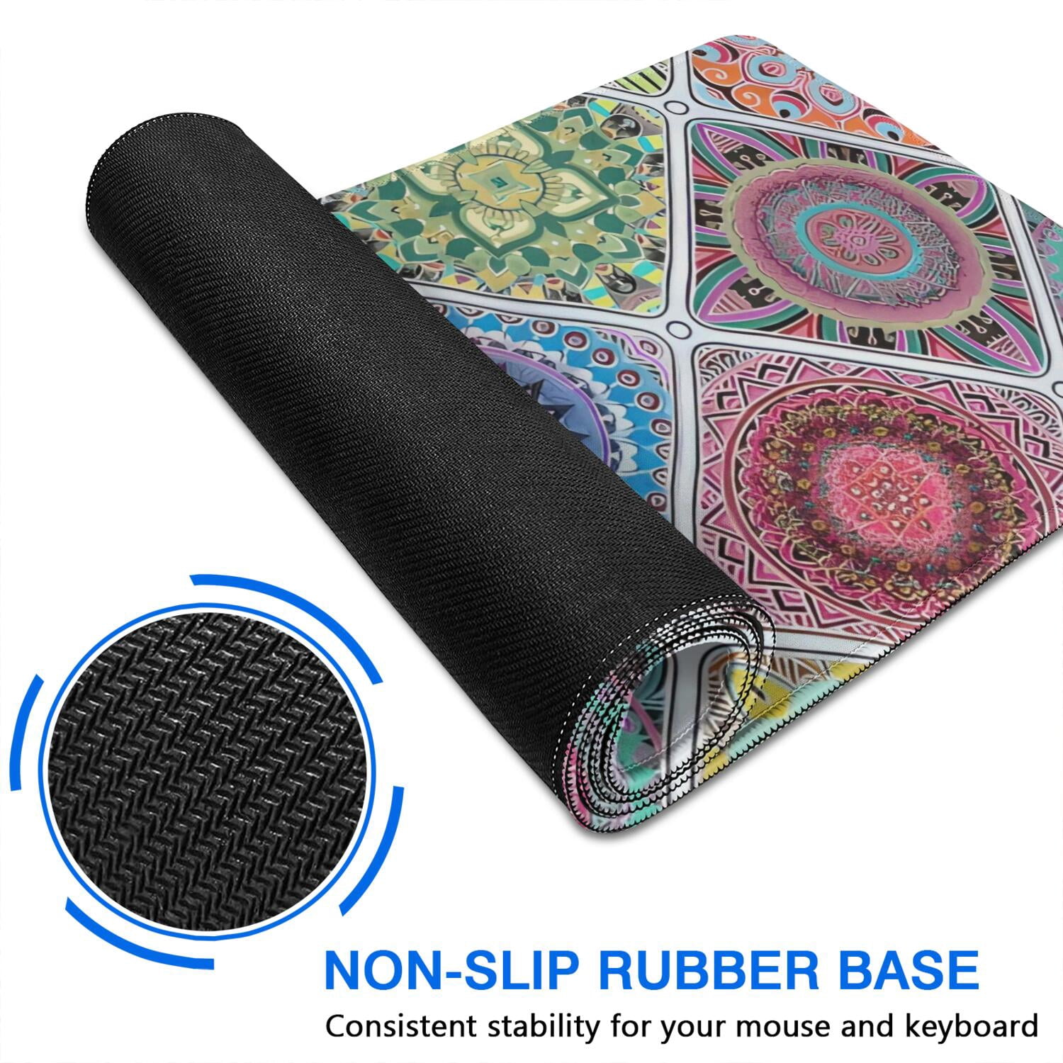 Long Mouse Pads for Desk,Multicolor Ethnic Mandala Pattern Desk Mats on Top Of Desks, Desk Mouse Pad Extra Large with 3mm Non-Slip Base and Stitched Edge for Gaming,Office,Work,Home 31.5"x15.7"