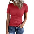 thumbnail image 2 of Fshiont Dressy Knit Womens Short Sleeve Stretch Crewneck Ribbed T-Shirt Fitted Casual Basic Tops Red 2XL, 2 of 6