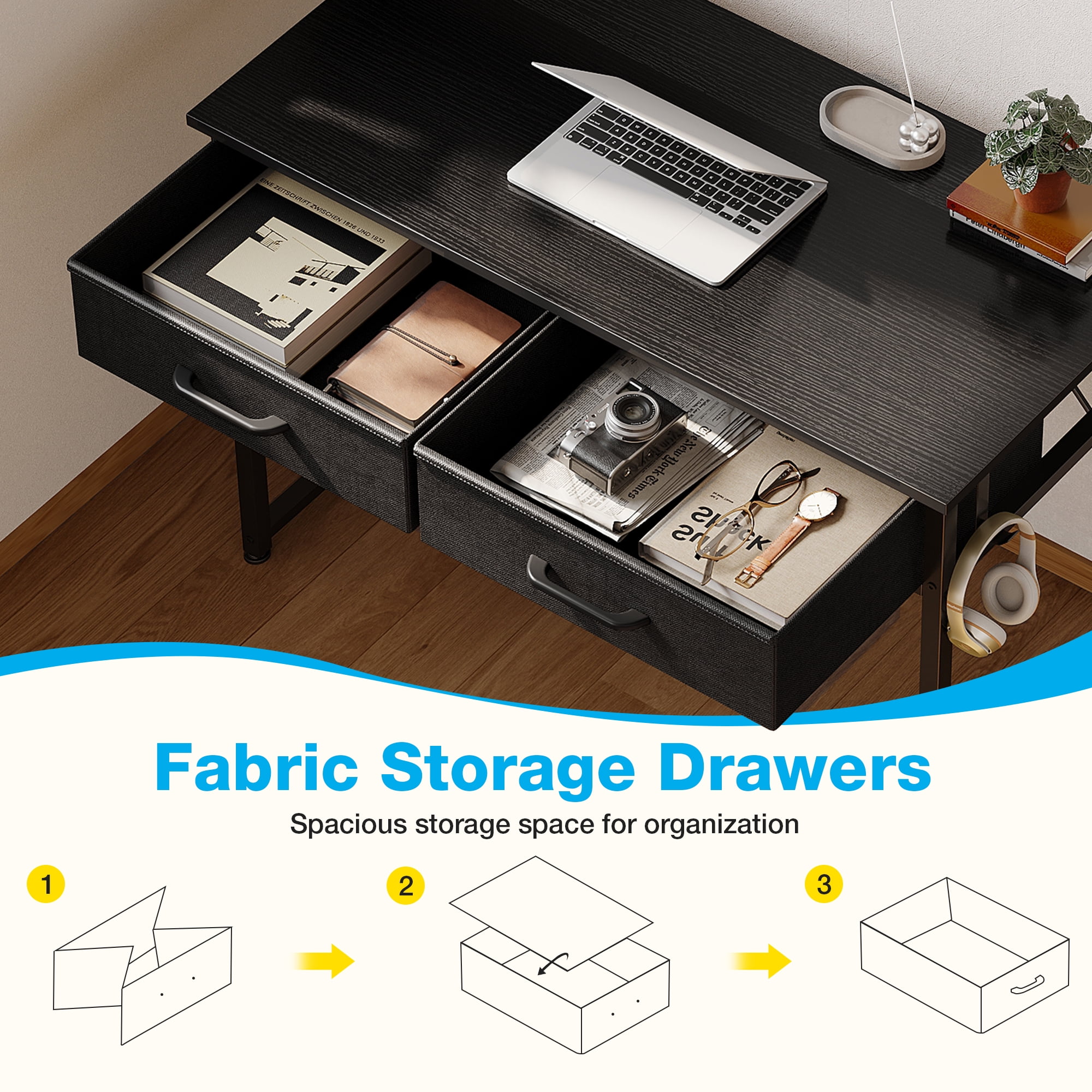 Casacomoda 32 Inch Writing Desk with Fabric Drawers, Modern Study Table with Storage for Student/Kids, Small Computer Desk for Small Space, Home Office Desk, Black