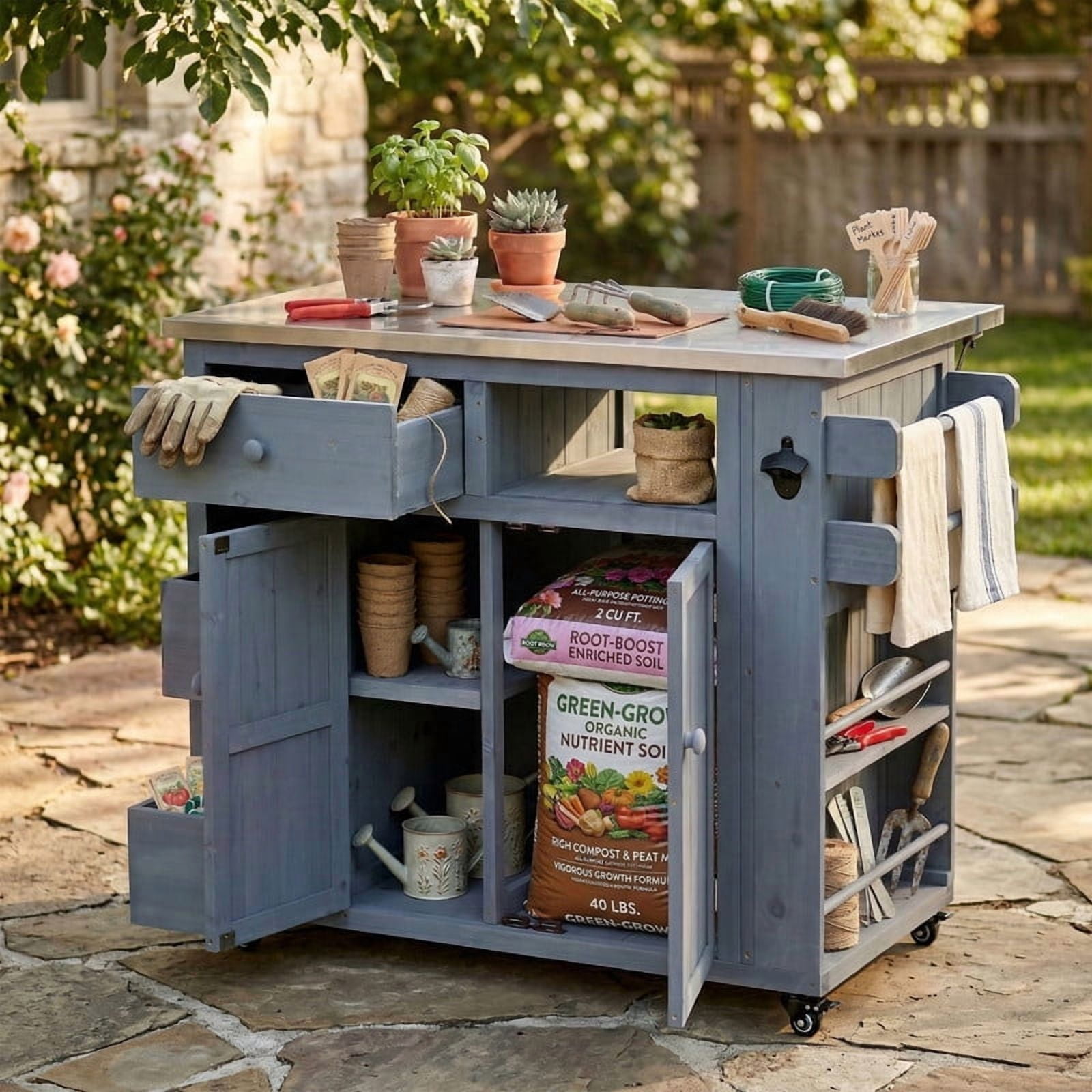 Outdoor Solid Wood Kitchen Island, Extendable Stainless Steel Top Grill Table with Drop Leaf, Storage Kitchen Cart
