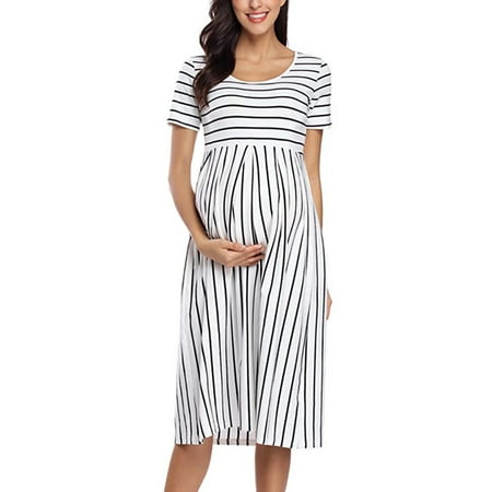 

Funicet Maternity Midi Dress for Women Deep O-Neck Short Sleeve Striped Dresses Casual Pleated Dresses Casual Nursing Dresses