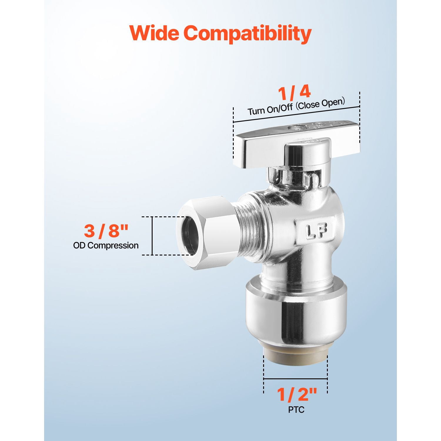 Angle Stop Valve 10-Pack, 1/2" PTC Push-to-Connect Inlet to 3/8" OD Compression Outlet, Lead-Free Brass with Chrome Finish, 1/4 Turn Shutoff for Water Control