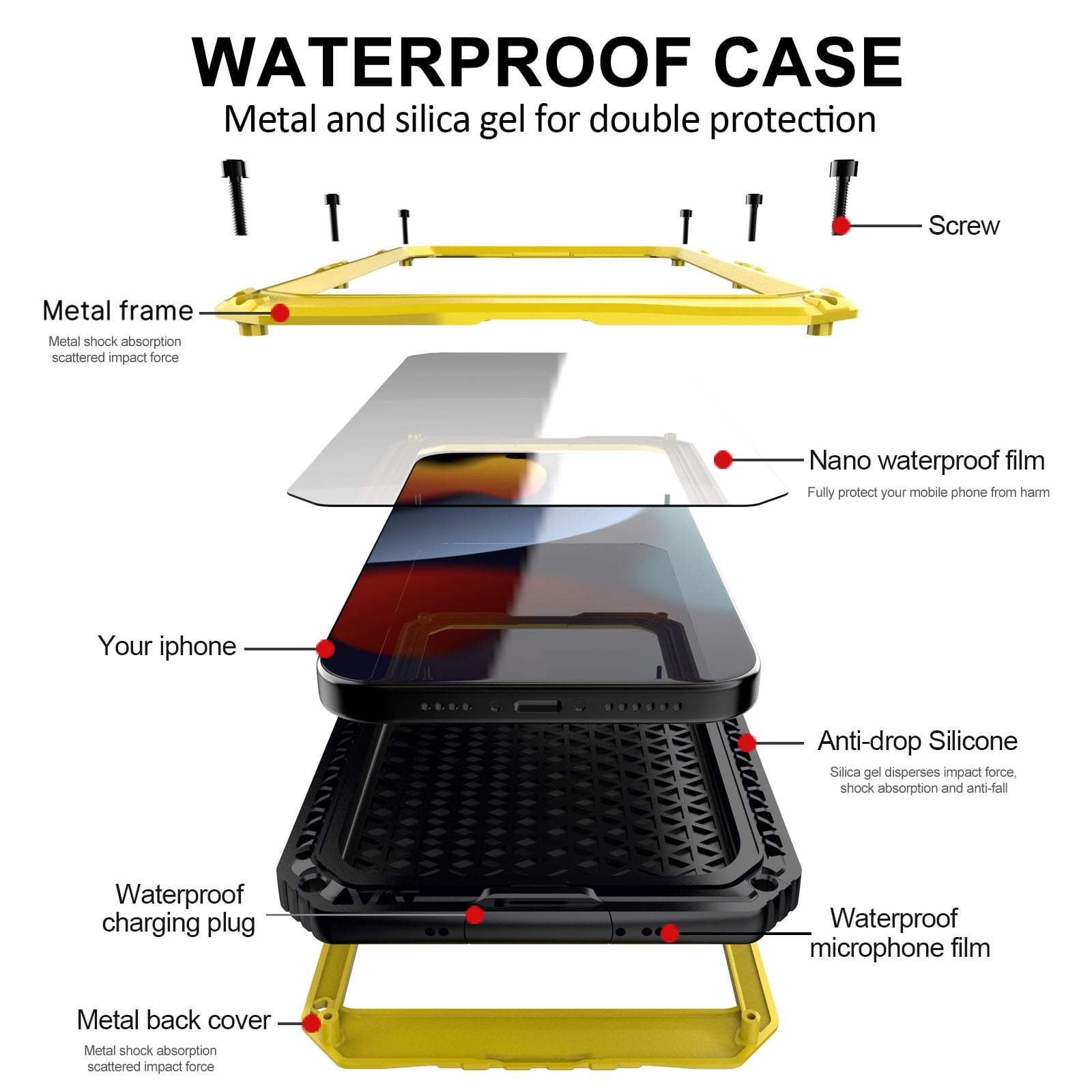 for iPhone 11 Case, Military Grade IP68 Waterproof Dustproof Shockproof Full Body Sealed Underwater Case with Built-in Screen Protector Heavy Duty Metal Rugged Defender Phone Case,Yellow