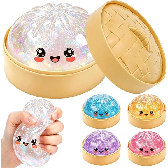 Glitter Dumpling Squishy Toys with Steamer, 8.5cm Large Shimmer Bao Stress Relief Fidget Toy for Desktop Decor, Novelty Gift & Party Favors
