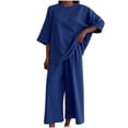 thumbnail image 1 of Mikilon Ensemble Élégant pour Femmes 2 Pcs Manches Courtes Couleur Unie Col Rond (Haut + Pantalon) Mode Manches Courtes Ensemble Chemise Col Rond Bleu TG, 1 of 7