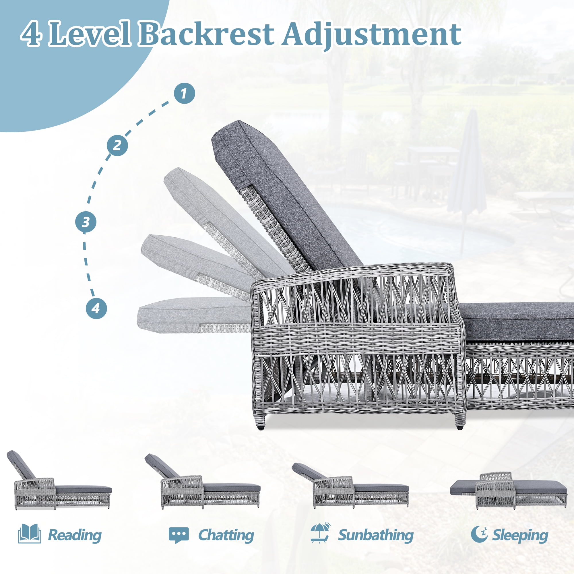 Euroco Outdoor Long Reclining Chaise, Wicker Lounge with Armrests, Patio Adjustable Recliner with Soft Removable Cushions, All Weather Rattan Pool Lounge