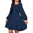 thumbnail image 1 of Vestido de manga larga con cuello redondo para niña, color liso, moderno y cómodo, con cinturón, de poliéster., 1 of 4