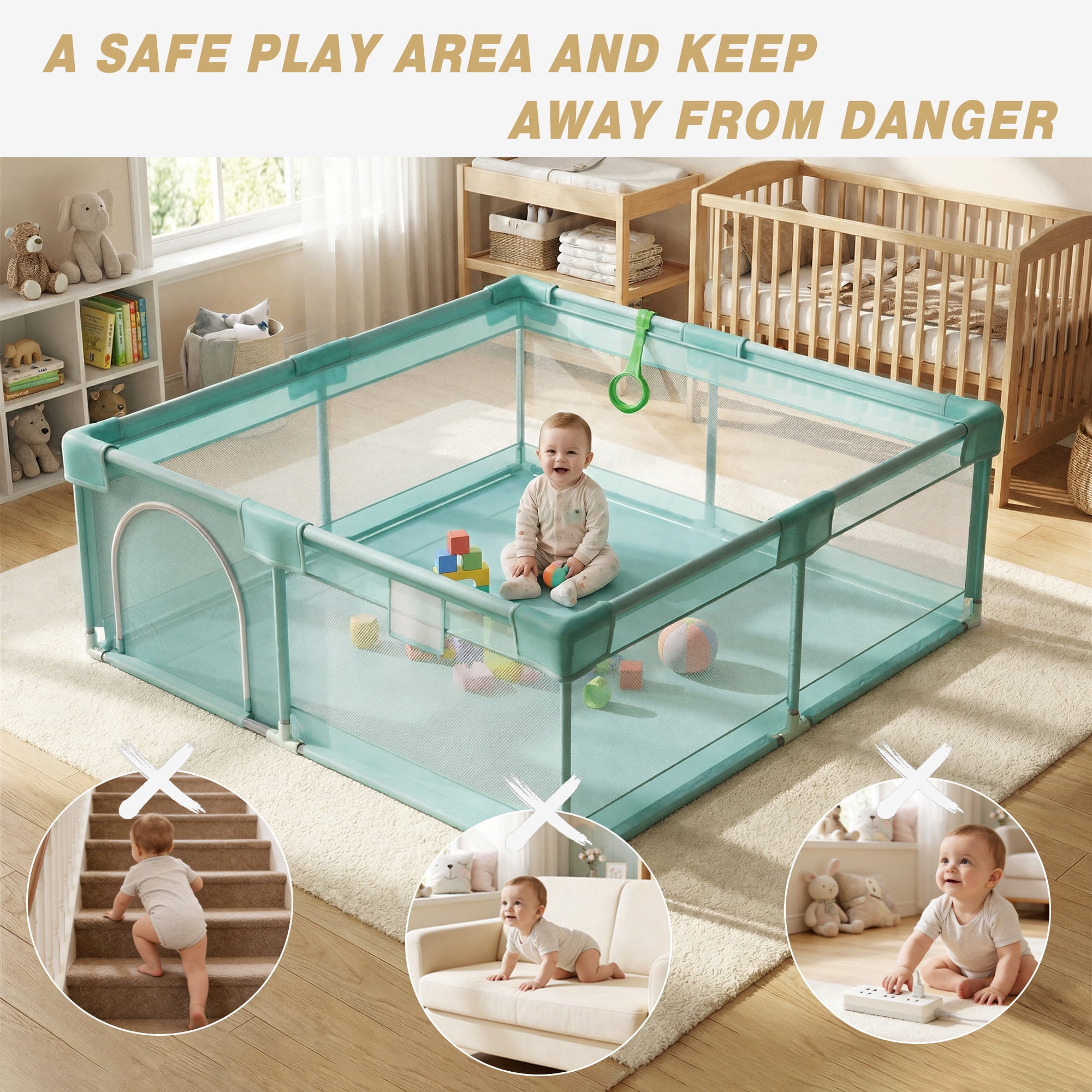 Easy4Home Large Baby Playpen 60"x60" Toddler Play Yards Safety Fence, Pale Green