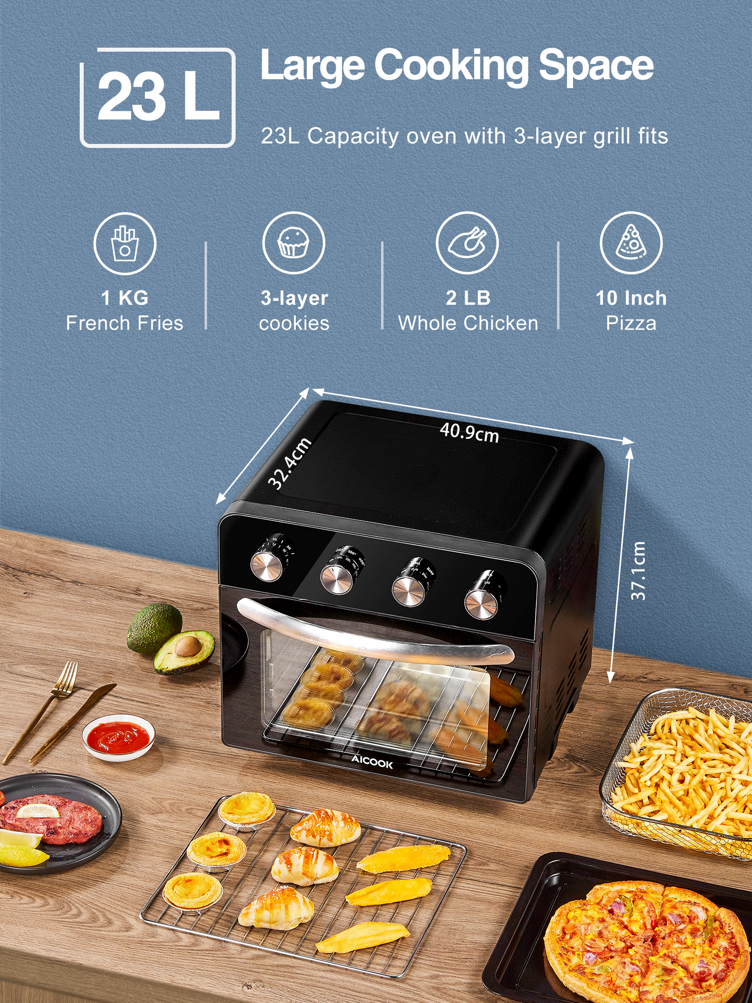 Nahomy Oil-Less Air Fryer Oven 24 Qt Toaster Oven 10-in-1 Air Fryer, 1700W, 6 Free Accessories & 75 Recipes, Black - image 2 of 7