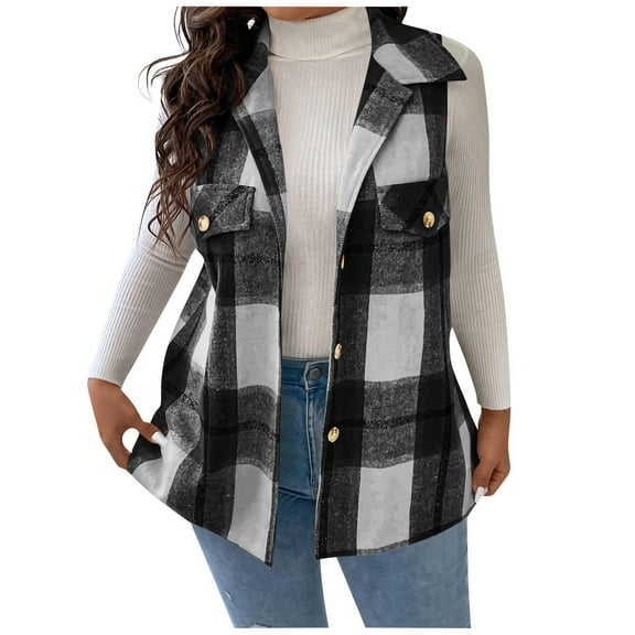 CHUMUD Women's Fall Flannel Plaid Vest Tops - Sleeveless Long Single Breasted Casual Shacket Jackets with Pockets 2025 Fashion Outfits