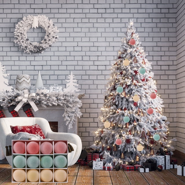 Set de 12 adornos navideños cubiertos de terciopelo | Bolas decorativas de plástico a prueba de fracturas de 6 cm | Decoraciones multicolores para árboles navideños | Decoración ligera y elegante