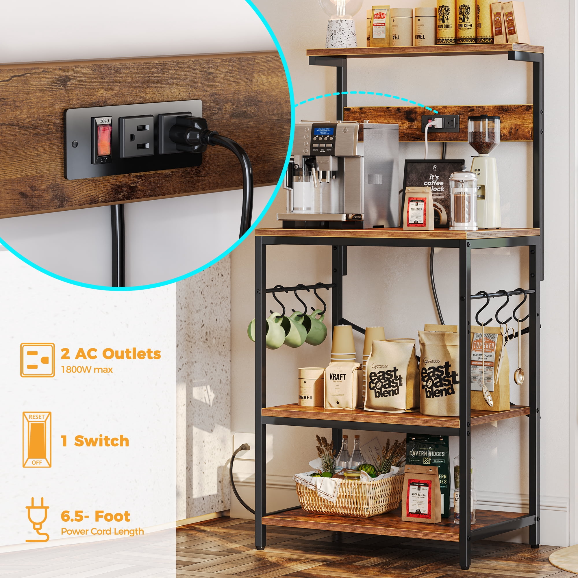 SUPERJARE Bakers Rack with Power Outlet, Kitchen Coffee Bar Table, Wood Microwave Stand Table with Hooks and Storage Shelves, Kitchen Shelf Rack, Rustic Brown