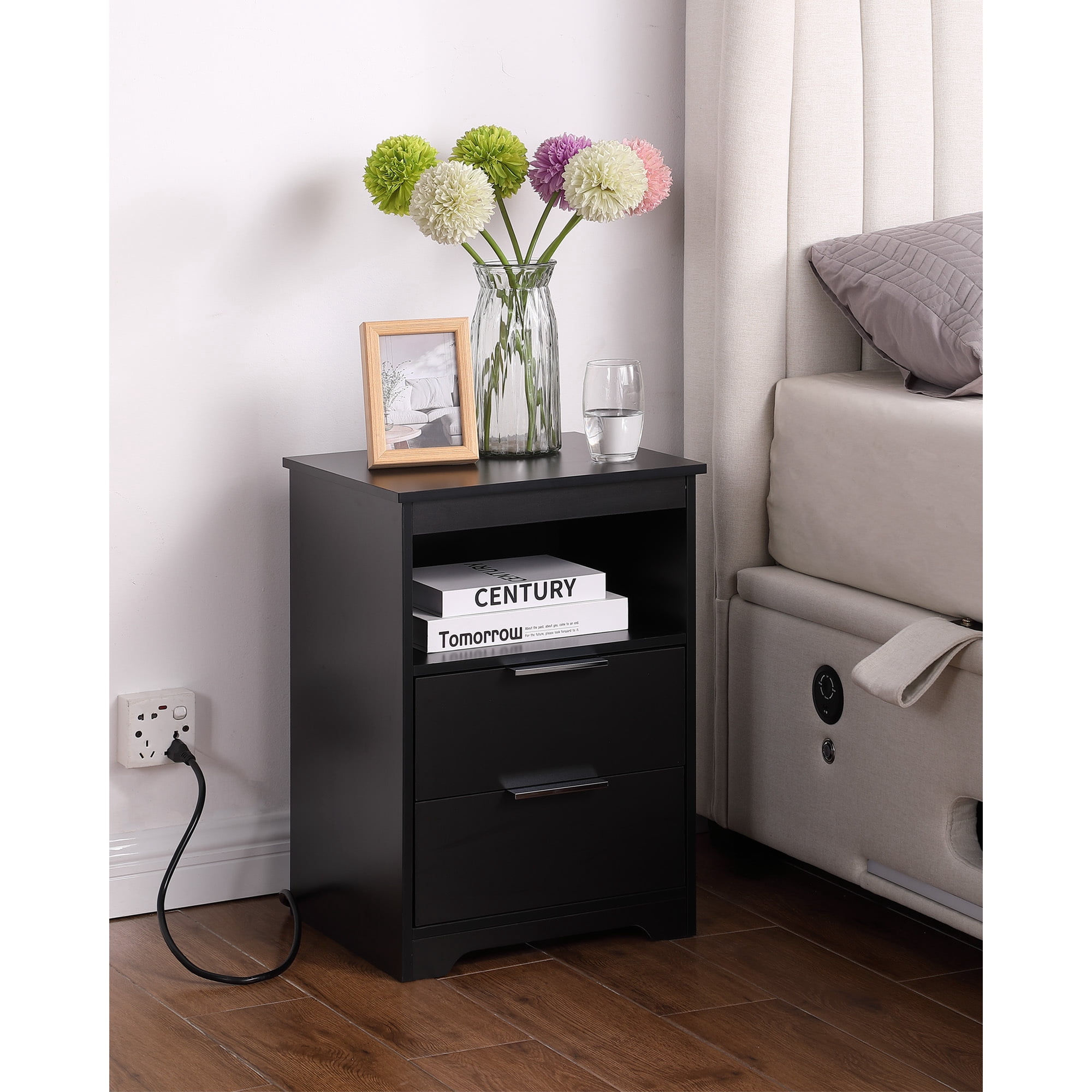 2 Drawer Small Nightstand with Charging Station,Wooden End Table with Drawer and Opening Shelf,Side Table for Bedroom Living Room Dorm Office,Black