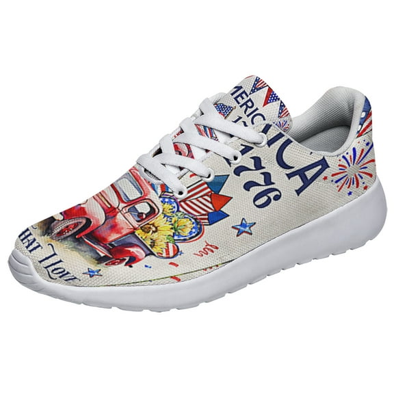 4th Of July Shoes Truck America 1776 Print Sneakers Lightweight Comfortable Running Shoes for Men Women White Size 3.5