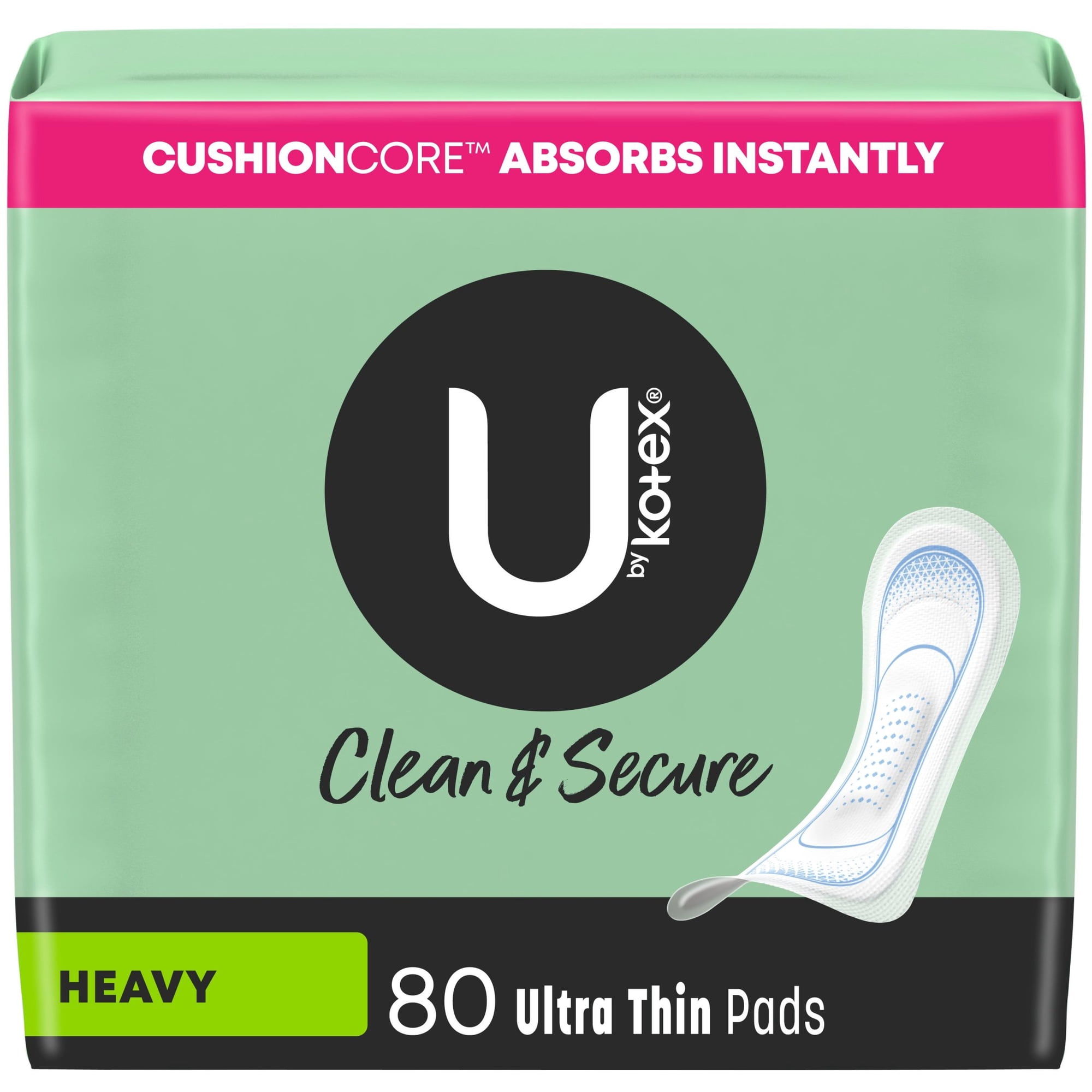 U by Kotex Clean & Secure Ultra Thin Pads, Heavy Absorbency, 80 Count