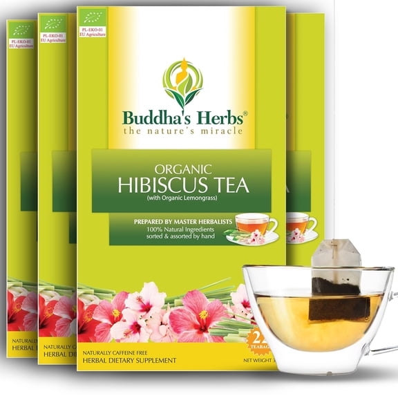 Buddha's Herbs Premium Organic Hibiscus Tea with Lemongrass, 22 Tea Bags (Pack of 4)